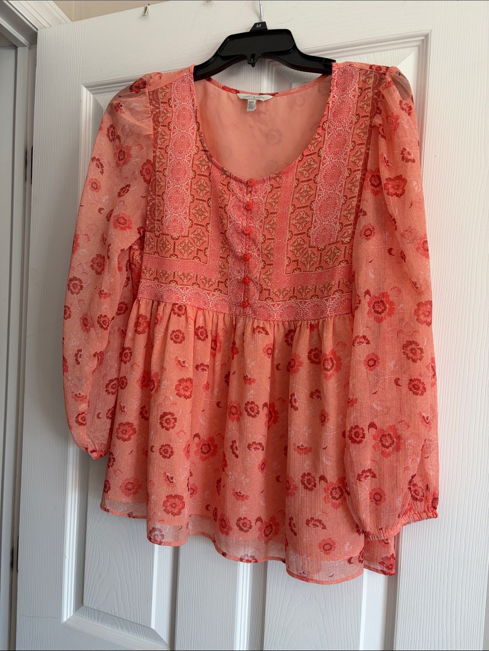 Lucky Brand Coral Floral Sheer Button-Front Tunic